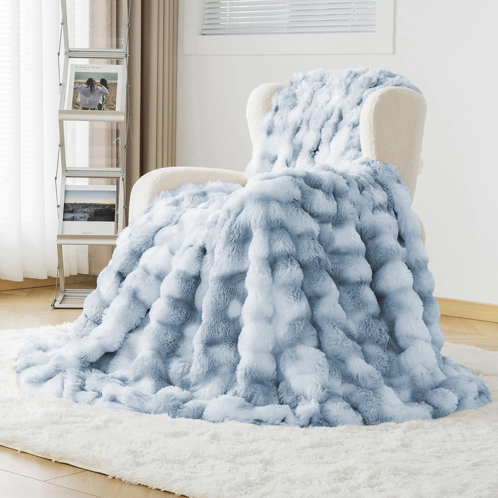 GHOUSE Faux Fur Blanket Fluffy Luxury Throw Blanket Plush Fuzzy Blanket for Couch Bed 50×60 Inches Tie-dyed Blue
