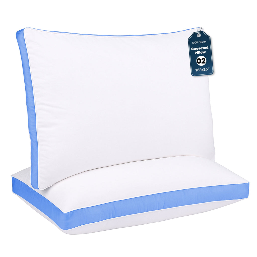 Gold Textiles Gusseted Queen 18x26 Bed Pillows for Sleeping Set of 2 Polycotton White Blue Stripe Comfortable