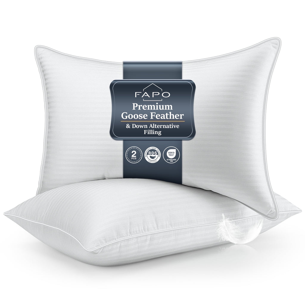 FAPO Goose Feather Pillows Queen Size Set of 2, Hotel Down Bed Pillow for Sleeping,Soft 600 TC Cotton Cover