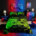 Green Yellow Gaming Full Size Comforter Sets - Gamer Comforter Full Size Bedding Set, Neon Lights Abstract Geometry Design Gamer Room Decor