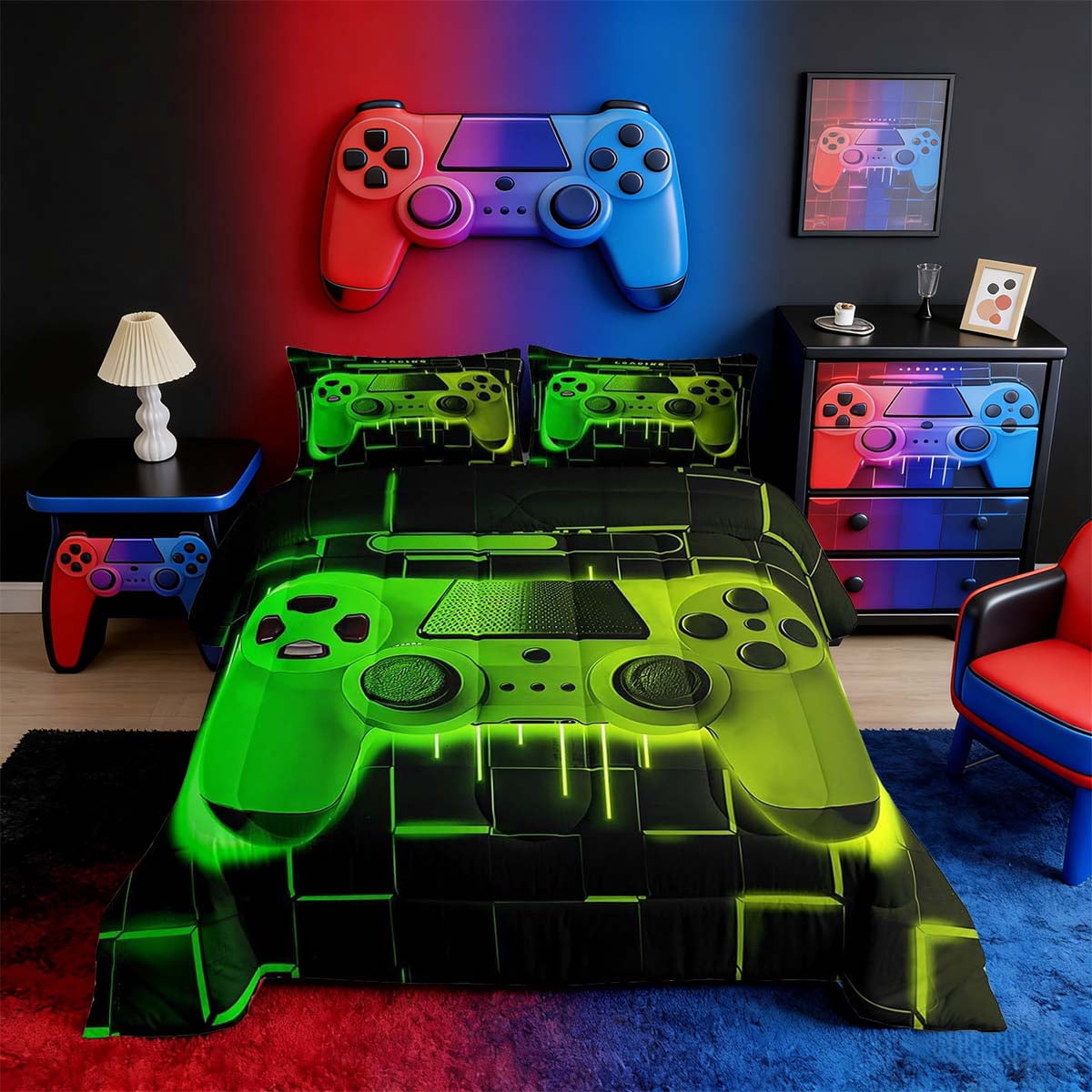 Green Yellow Gaming Full Size Comforter Sets - Gamer Comforter Full Size Bedding Set, Neon Lights Abstract Geometry Design Gamer Room Decor
