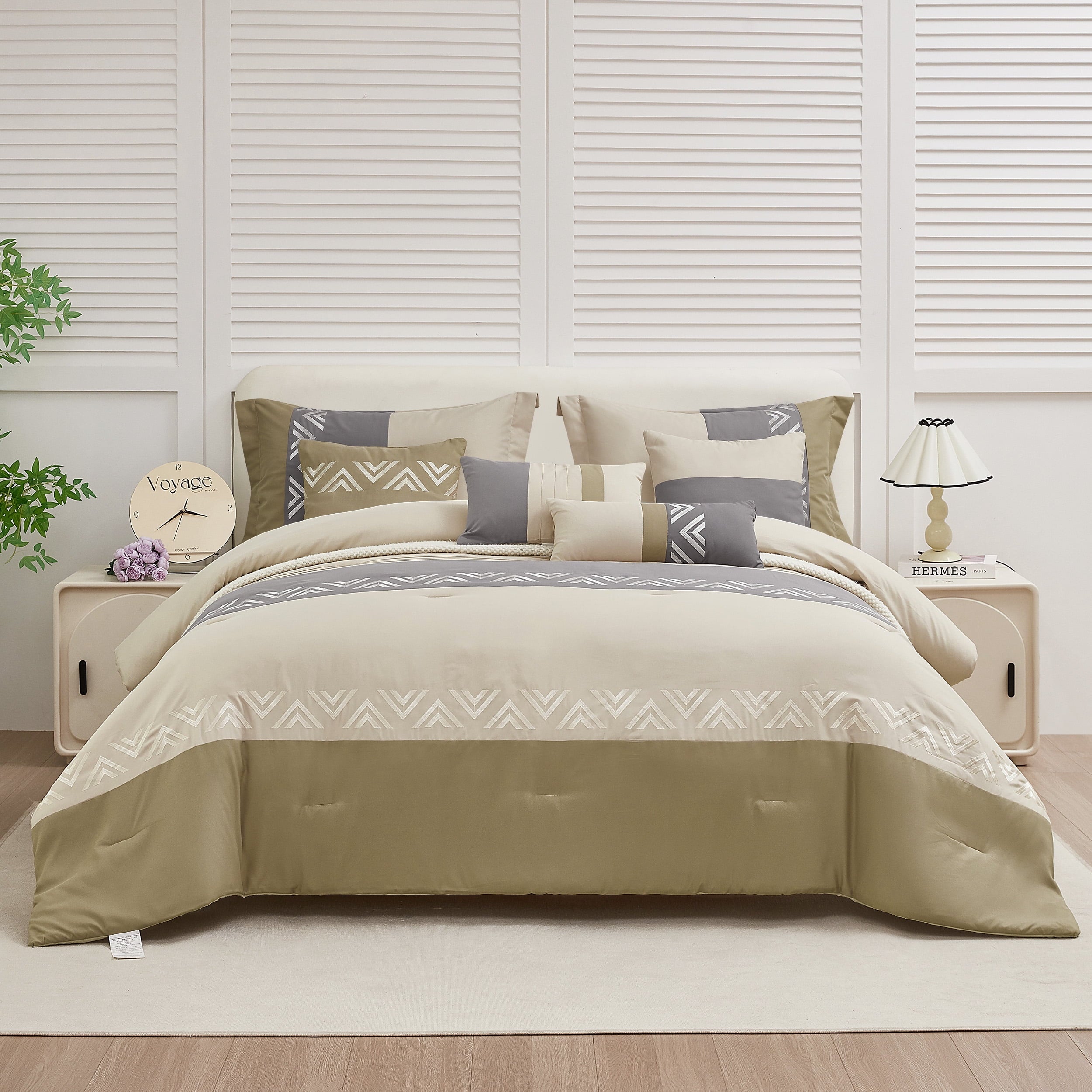 7 Piece Embroidery Design Bed-in-a-Bag, Taupe Queen Size Ultra Soft Comforter Set for Adults