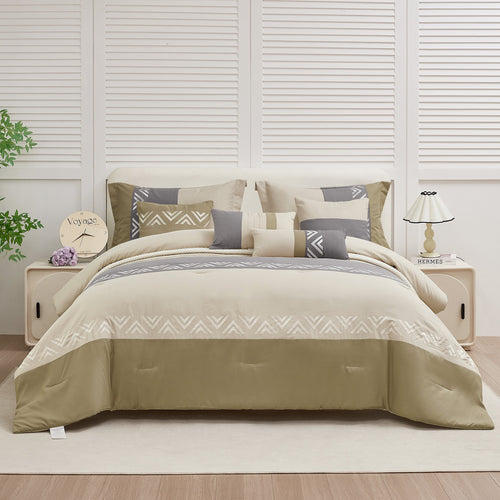 7 Piece Embroidery Design Bed-in-a-Bag, Taupe Queen Size Ultra Soft Comforter Set for Adults