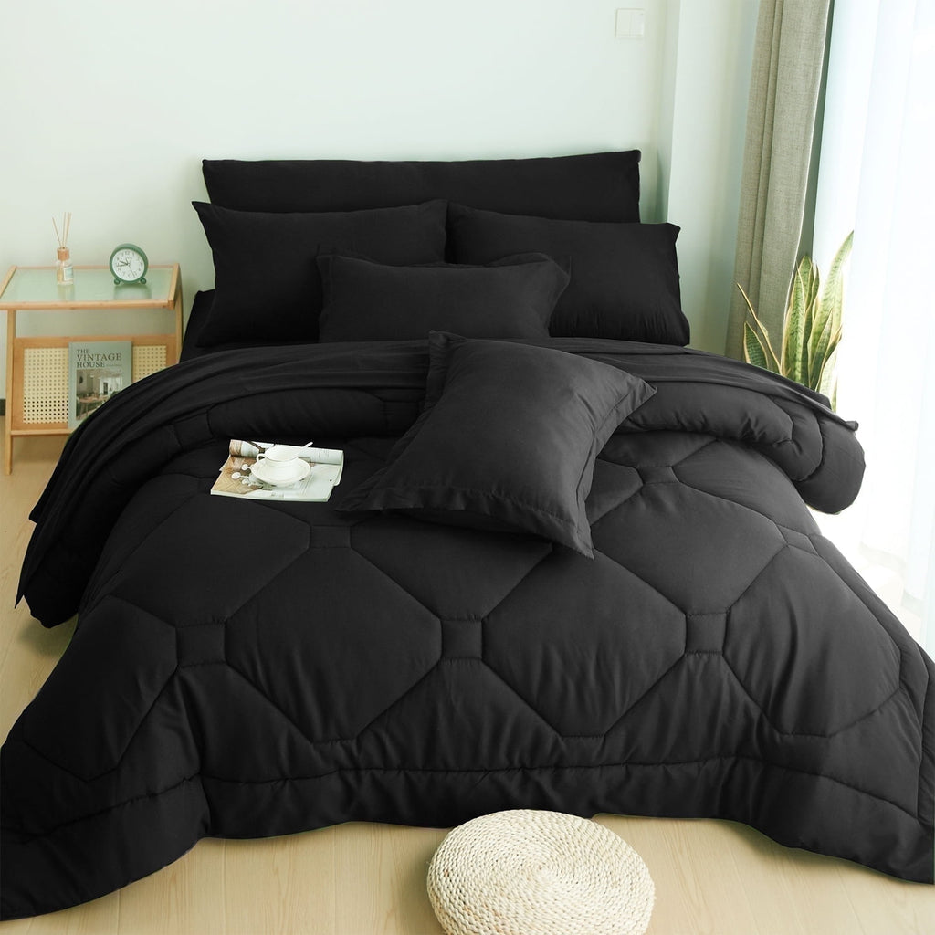 8 PCS Modern Comforter Set with Sheets All Season Bed in a Bag, Black, Queen Size