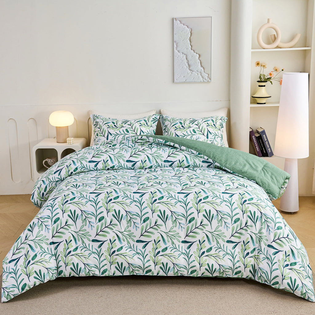 3-Piece Floral Comforter Set King Size, Green and White Botanical, Soft Microfiber All-Season Bedding for Adults & Teens