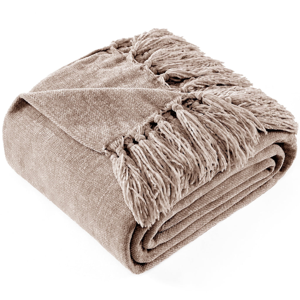 Chenille Throw Blanket with Fringe Tassel for Couch Sofa Chair Bed, Taupe 50" X 60"