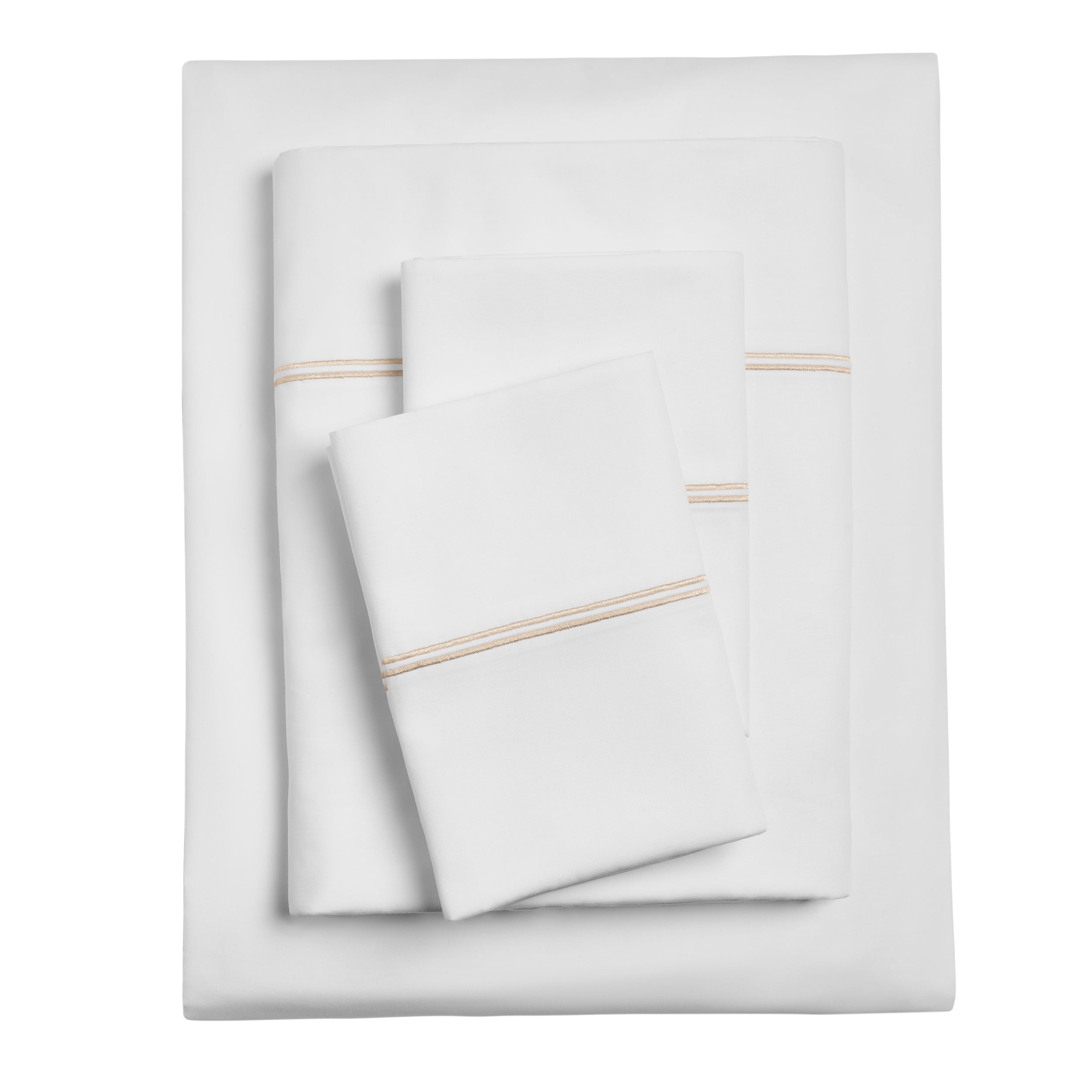 4-Piece 300 Thread Count White Pima Cotton Bed Sheet Set with Tan Hem, Full , Adult/Teen