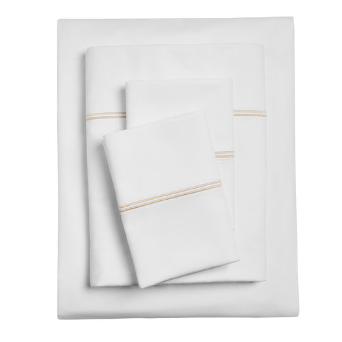 4-Piece 300 Thread Count White Pima Cotton Bed Sheet Set with Tan Hem, Full , Adult/Teen