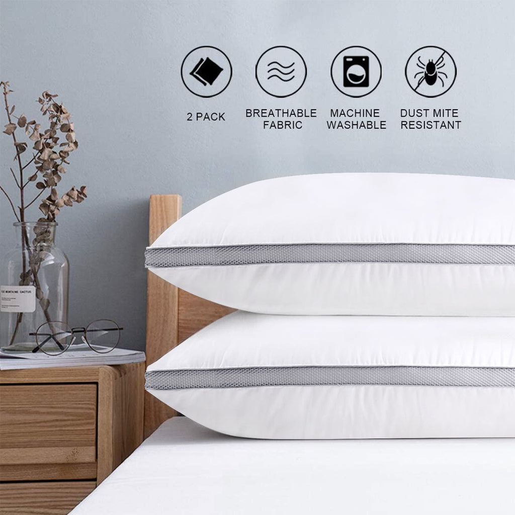 Down Alternative Bed Pillow with Cotton Cover and Gusset, 2 Pack, Queen, 20"x26"
