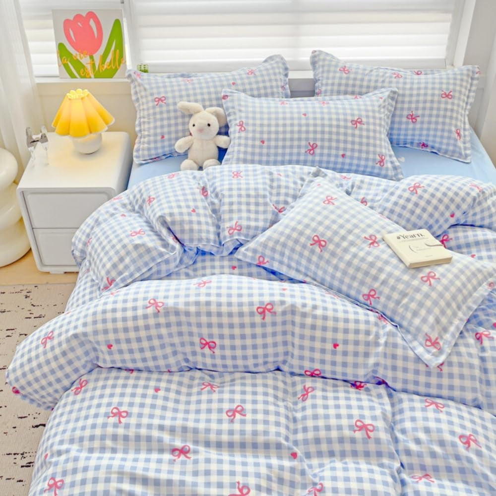 JOLUSERE 3-Piece Blue Plaid Pink Bows Comforter Full Set , Cute Soft Bedding Set for Kids Adults