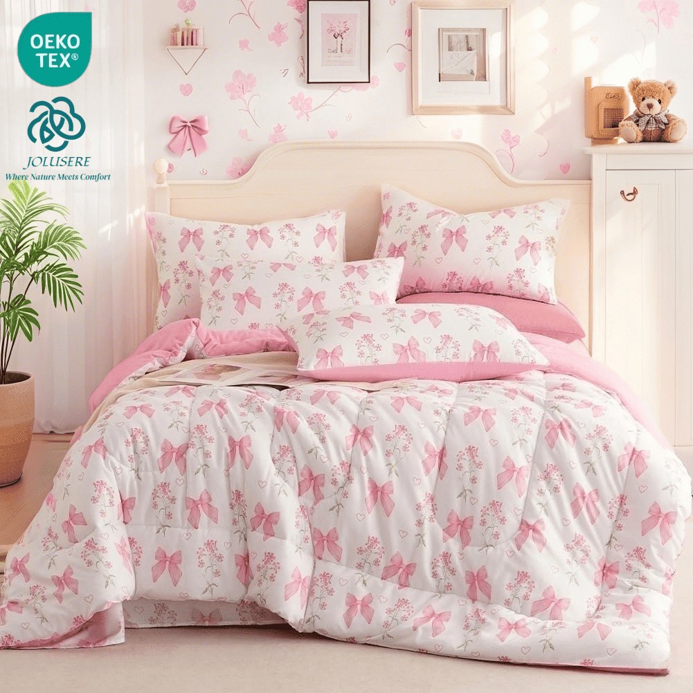 JOLUSERE Pink Bowknot Girls Comforter Set Twin Size, 3 Pieces Bows Princess Style Bedding Set for Girls for All Season