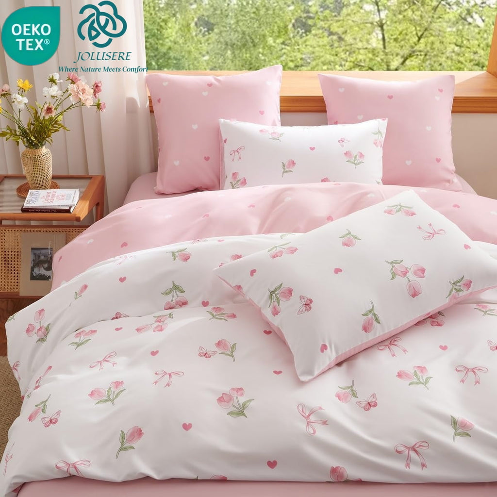 Pink Tulip Queen Comforter Set, 3-Piece Pink Flowers Reversible Soft Bedding Set or Adults All Season