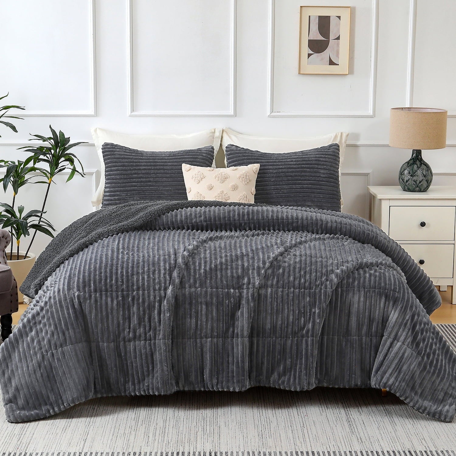 Jessy Home 3 Piece Fleece Queen Comforter Set - Soft & Warm Fluffy Dark Gray Sherpa Bedding , Fuzzy Heavy Double Sided Design Winter Comfort
