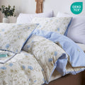 Cotton Comforter Sets Queen Size, 3 Pieces Botanical Blue Floral Reversible Bedding Sets for Adults All Season