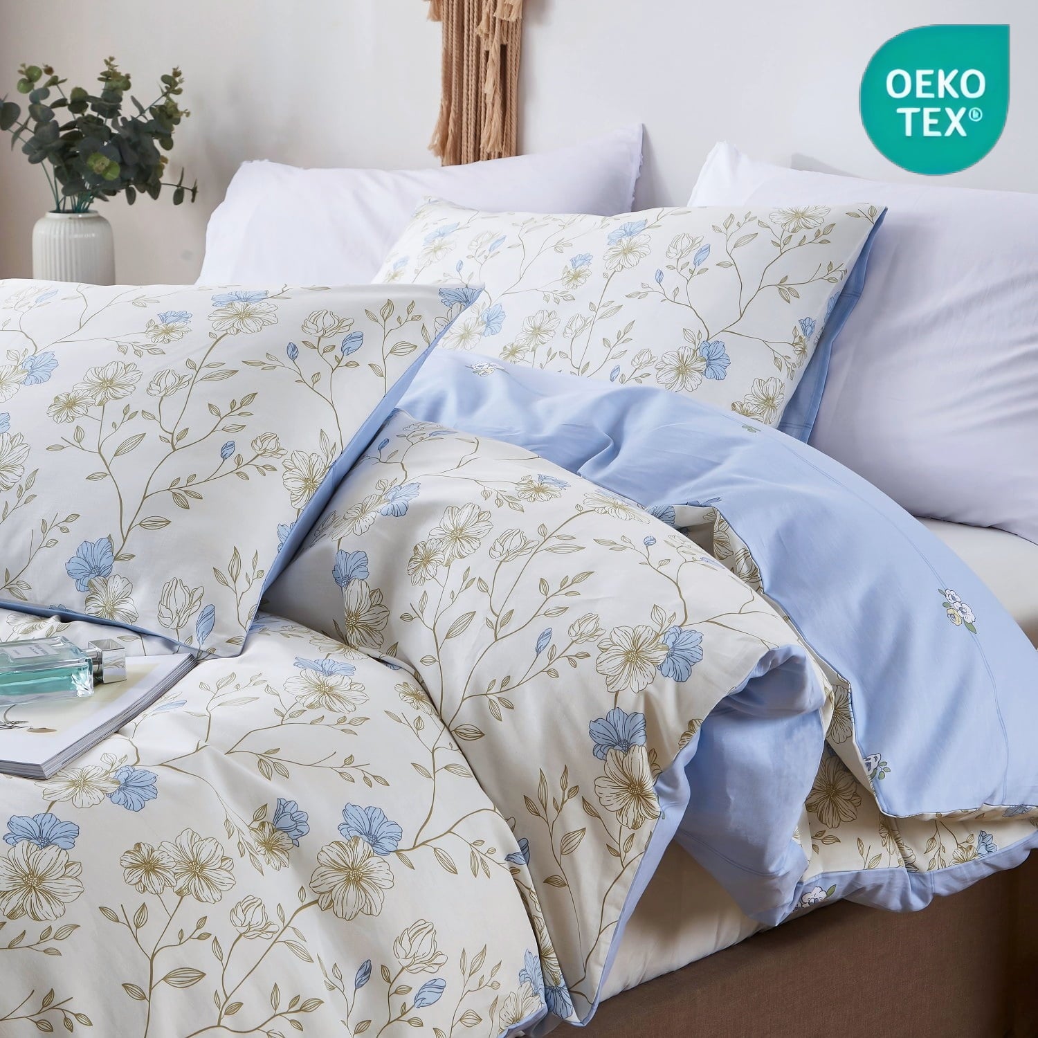 Cotton Comforter Sets Queen Size, 3 Pieces Botanical Blue Floral Reversible Bedding Sets for Adults All Season
