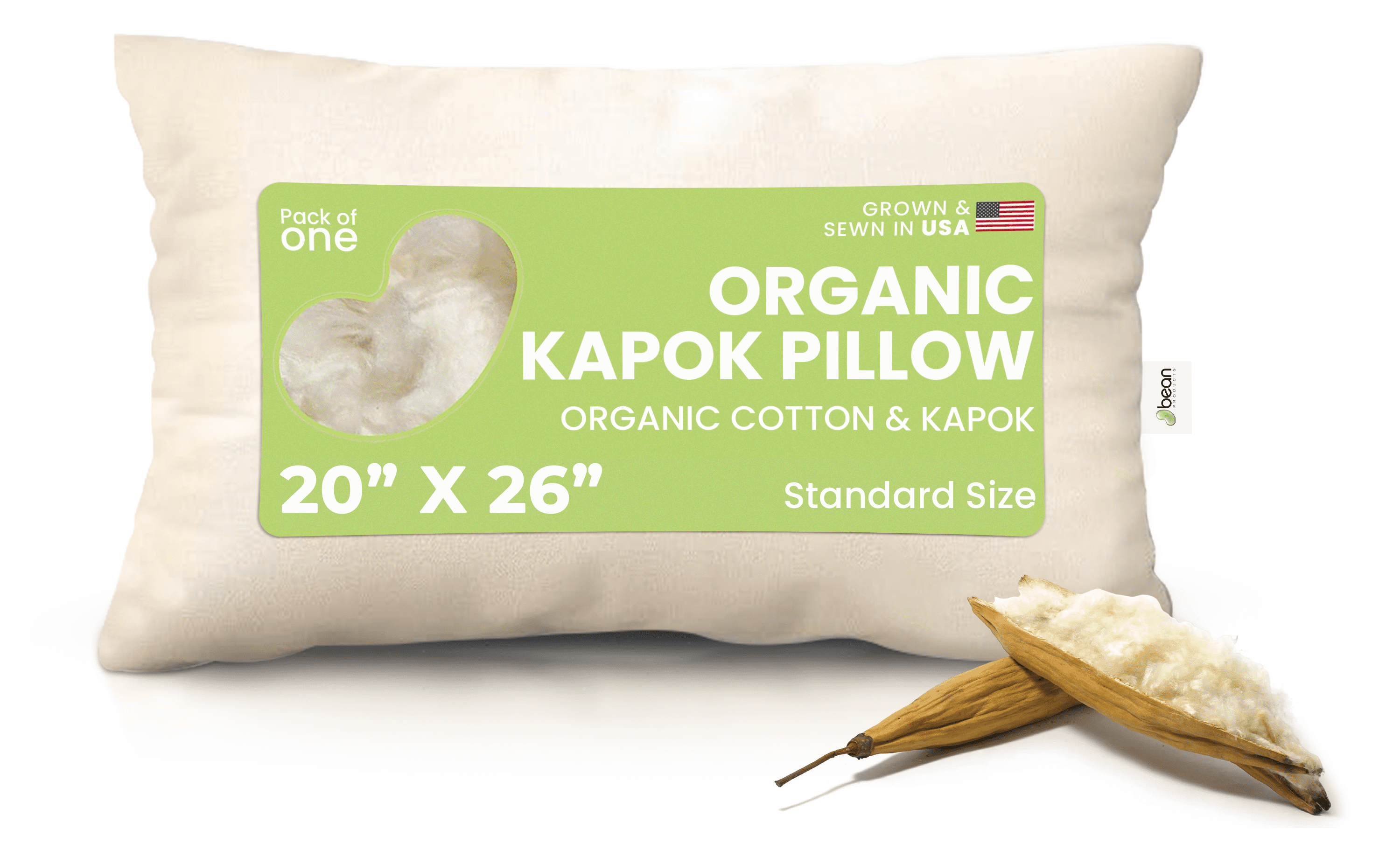 Kapok 20x26" Standard Bed Pillow – Organic Cotton Fabric Soft Sleeping Pillow - Made in USA