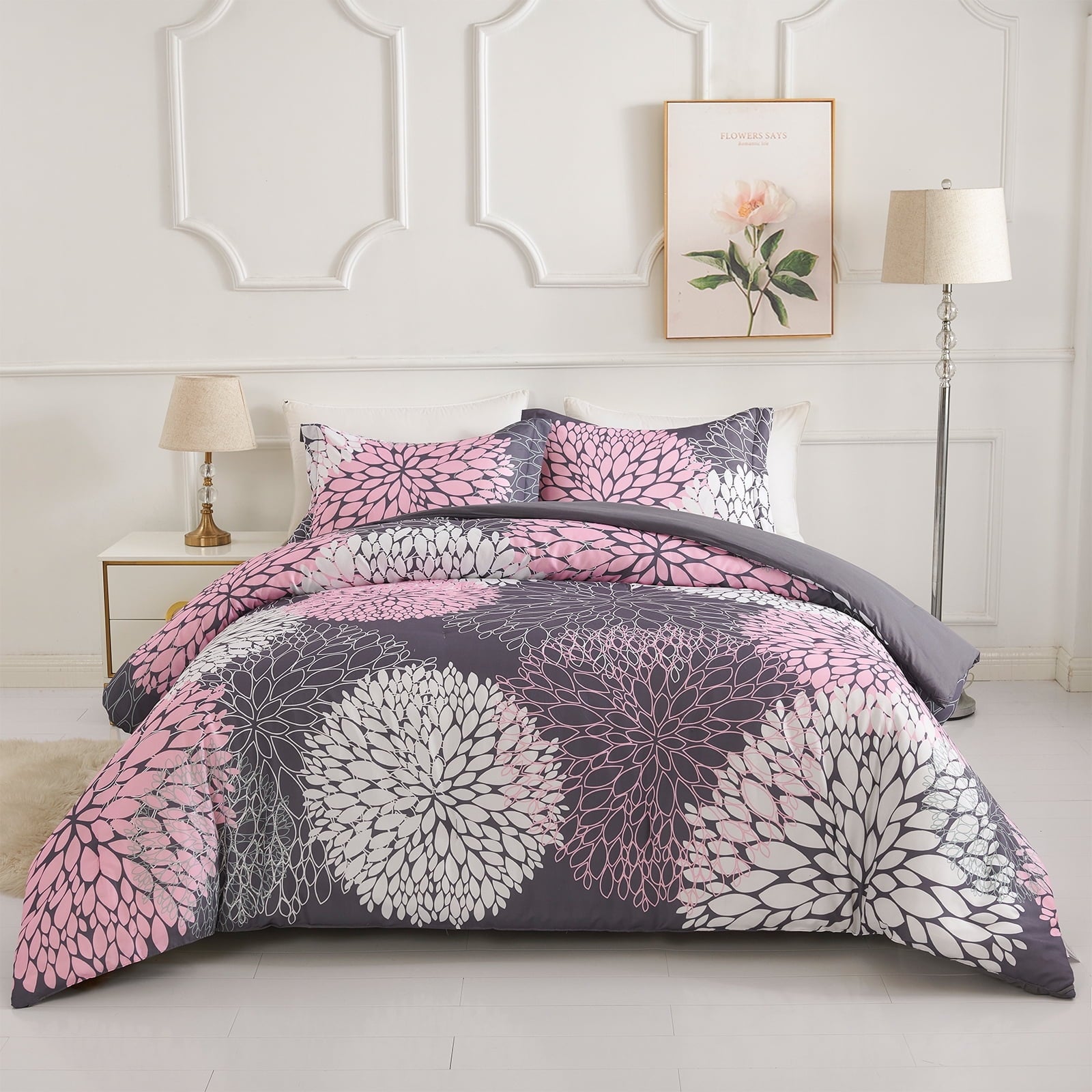 2 Pieces Pink Floral Comforter Set Twin Size, Botanical Bedding Sets with Cute Flowers Printing for Teen Girls