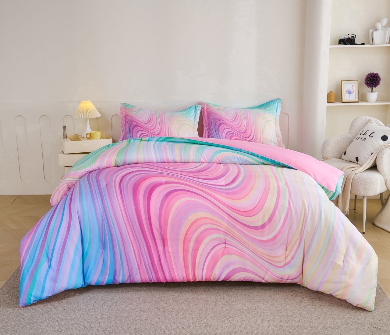 Koniroom 3-Piece Abstract Tie Dye Comforter Set, Blue Pink Purple, Kids Bedding Set for Girls Full/Queen Size