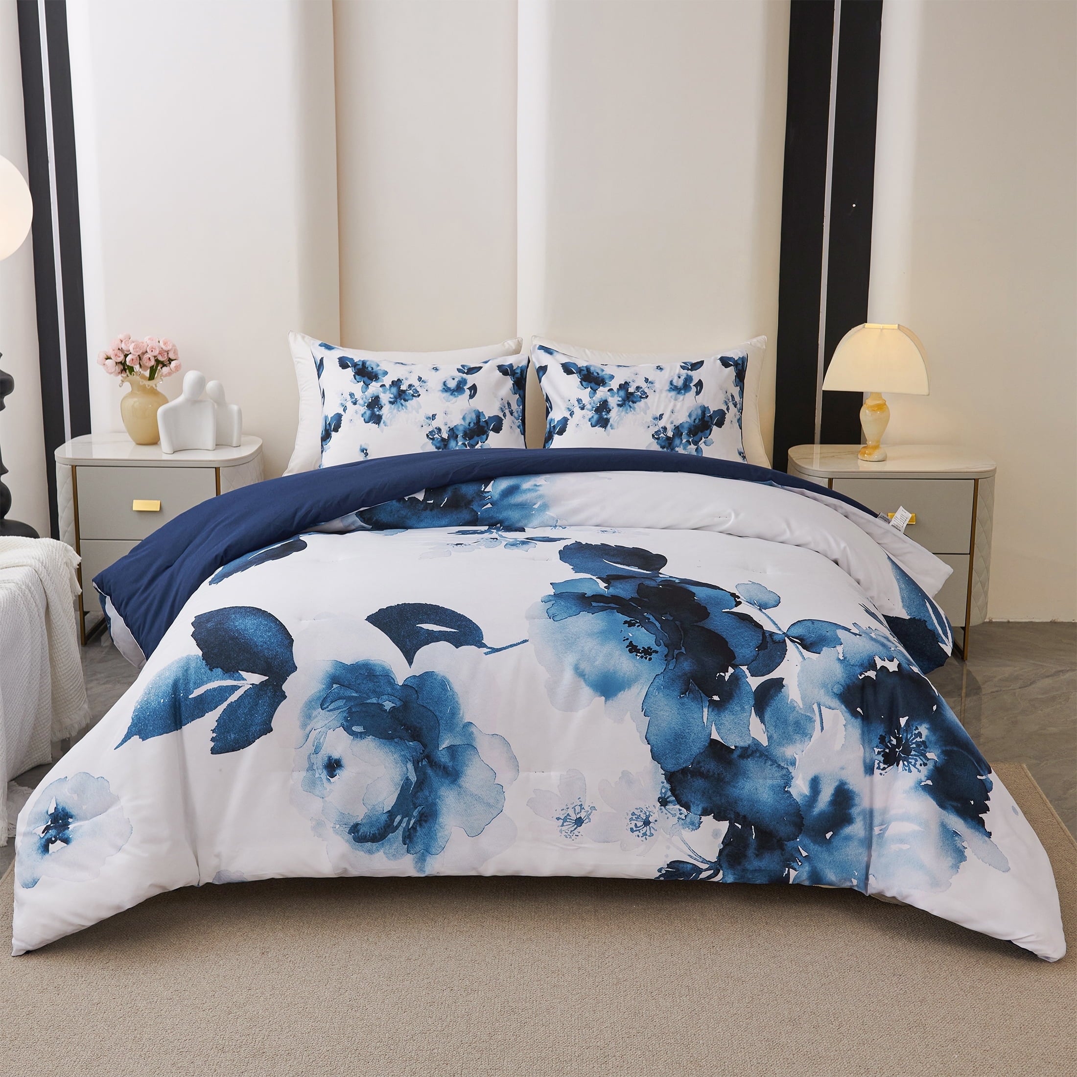 3 Pieces Blue and White Floral Comforter Set King Size, Flower Bedding with Watercolor Flowers Pattern for Women, Rev...