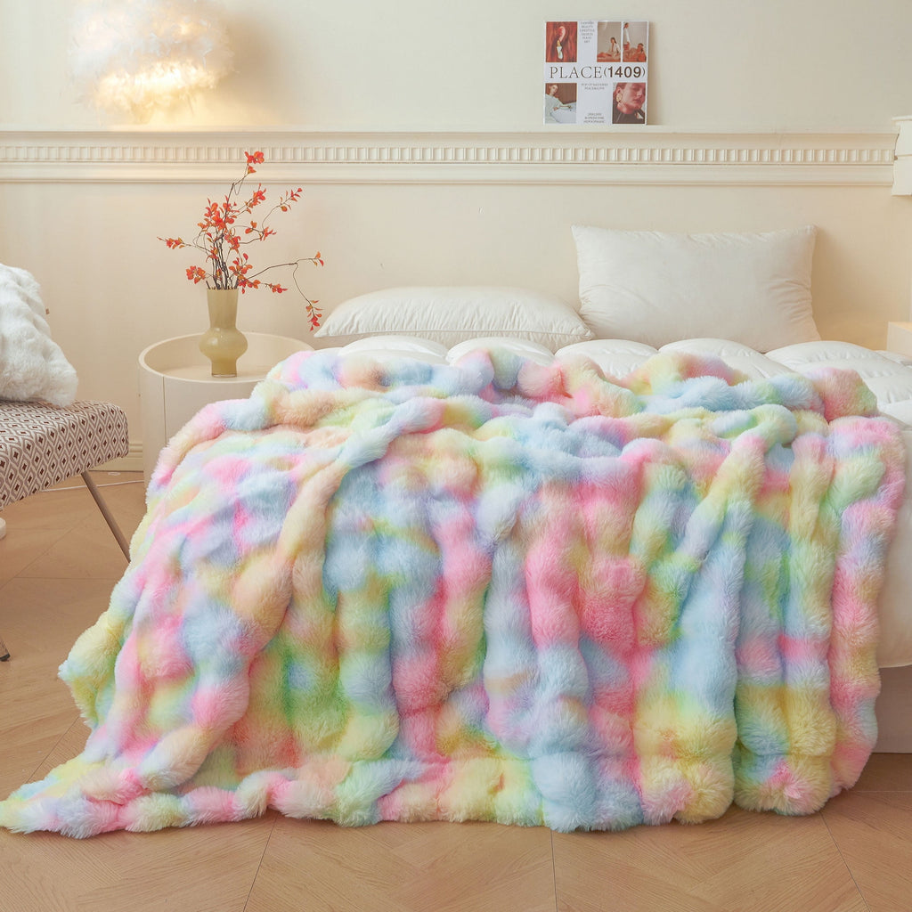 Fluffy Faux Rabbit Fur Bubble Throw, Rainbow Plush Shaggy Blanket for Couch Sofa Chair, Soft Tie Dye Furry Blanket Ad...