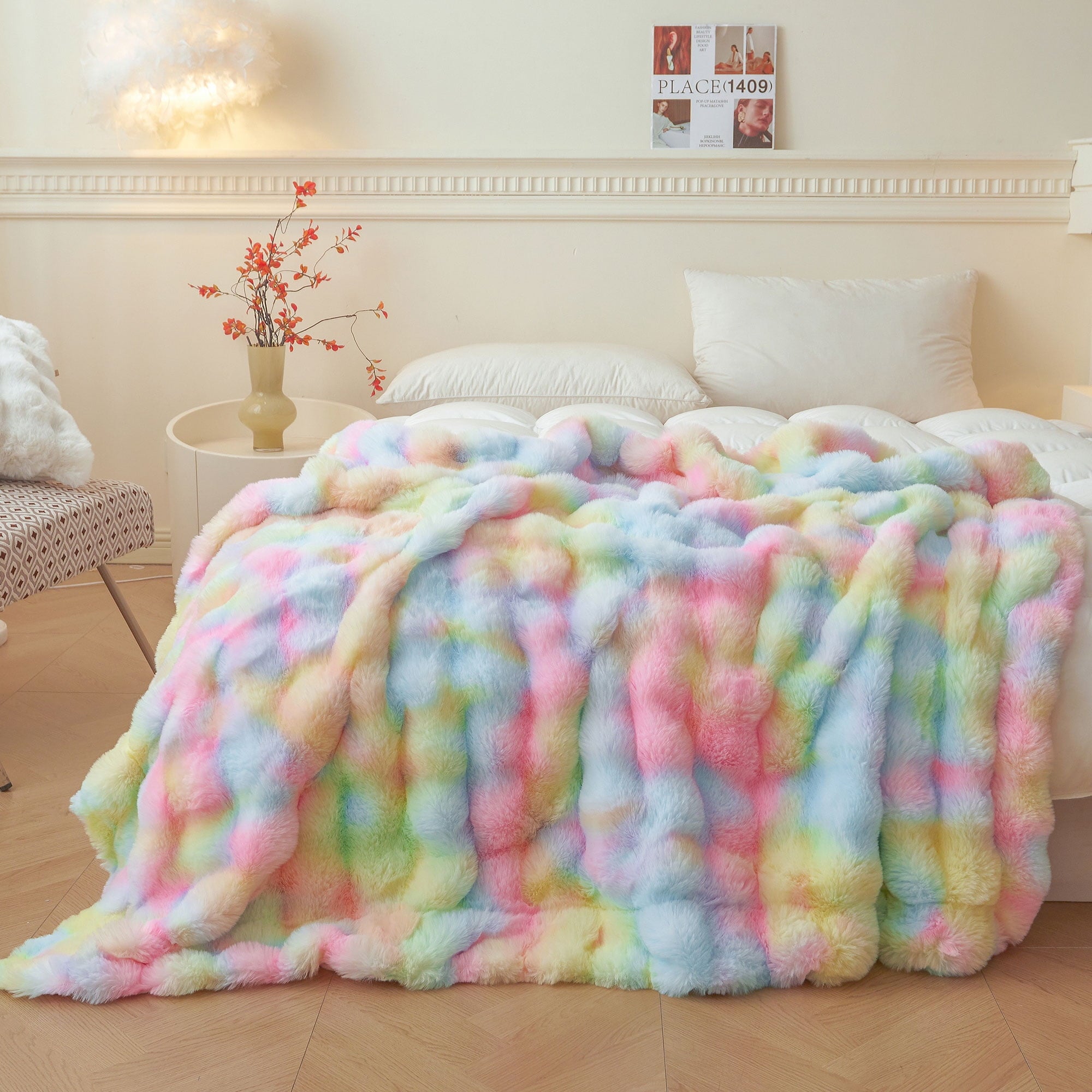 Fluffy Faux Rabbit Fur Bubble Throw, Rainbow Plush Shaggy Blanket for Couch Sofa Chair, Soft Tie Dye Furry Blanket Ad...