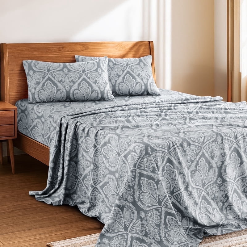 Lux Decor 4 Piece Queen Sheet Set, Brushed Microfiber Paisley Printed Bed Sheet Set with up to 16" Deep Pocket Fitted Sheet, Flat Sheet & 2