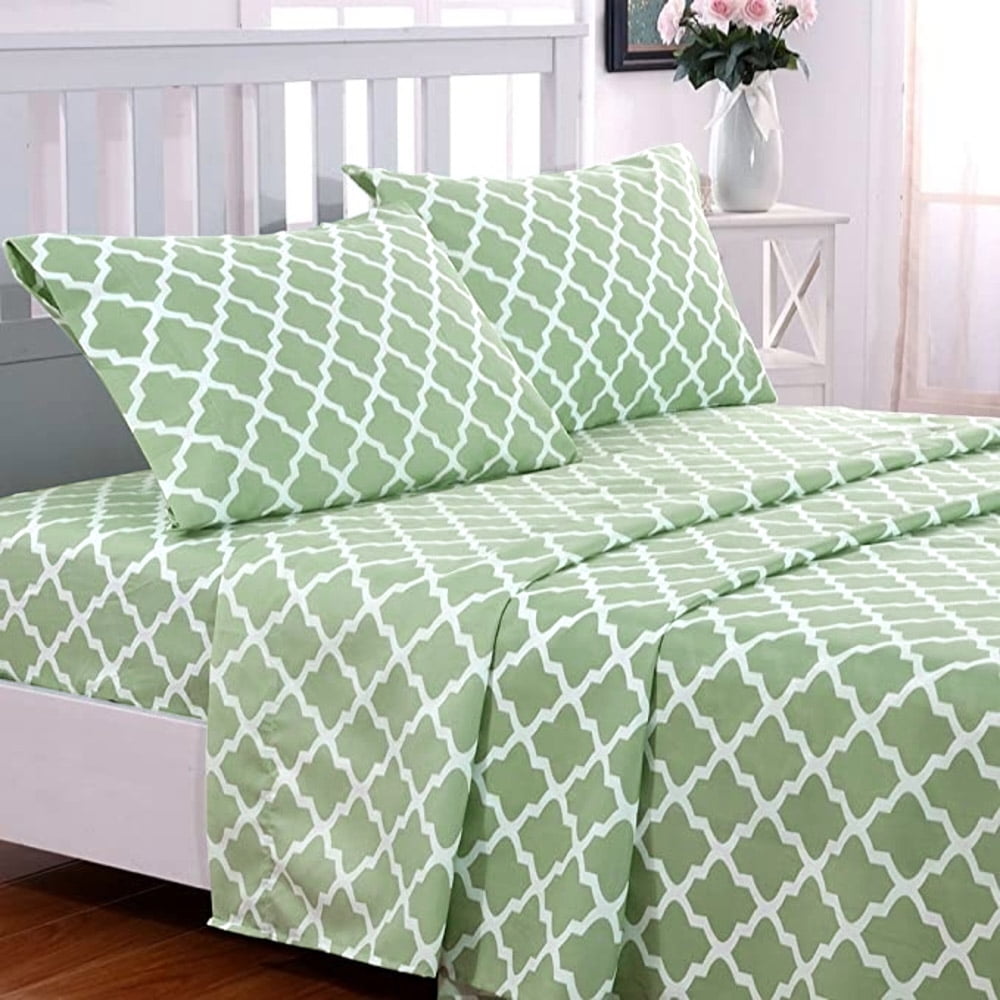 Quatrefoil Bed Sheet Set (King, Sage/White) 4 Piece Deep Pocket 1800 Series Microfiber Bed Sheet Set Contains 1 Fitte...