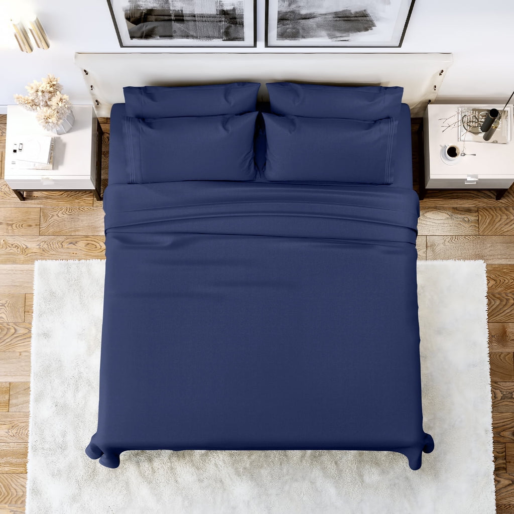 Queen Bed Sheets Set, 6 Pc Microfiber Bed Sheets, Extra Deep Pocket Queen Fitted Sheet, Flat Sheet & Pillowcases, Nav...