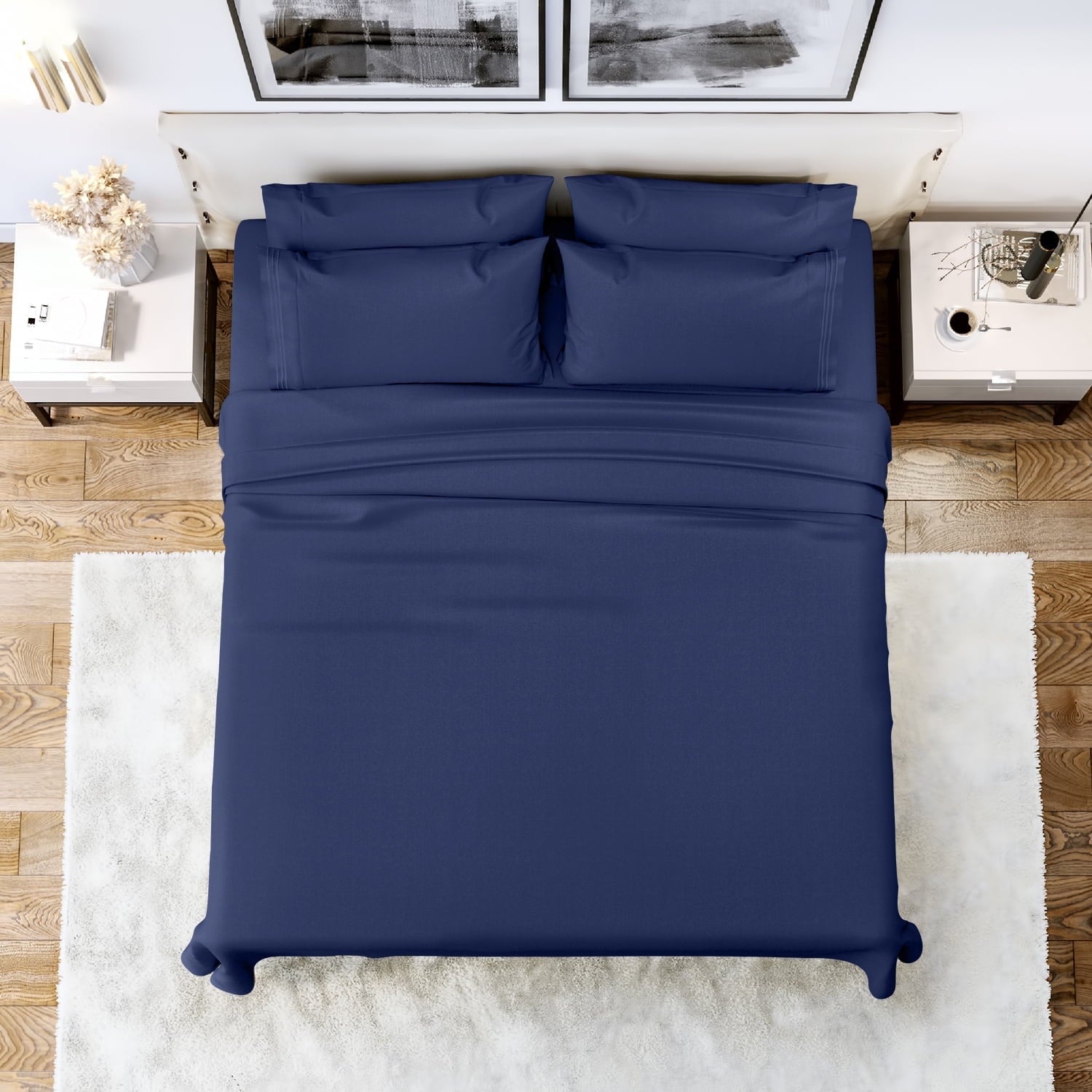 Queen Bed Sheets Set, 6 Pc Microfiber Bed Sheets, Extra Deep Pocket Queen Fitted Sheet, Flat Sheet & Pillowcases, Nav...