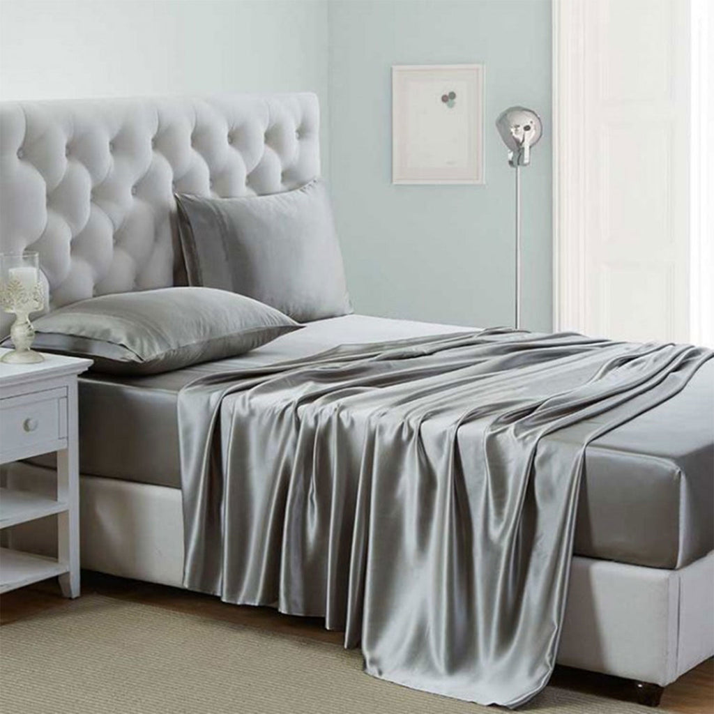 Luxury Satin Sheets Set Full Size Light Gray, 4-Piece Bedding Sets with Deep Pockets - Soft and Smooth Satin Bed Sheets for Ultra Comfort an
