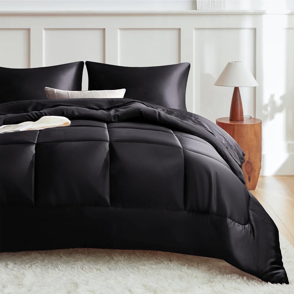 Reversible Satin Microfiber Comforter 3 Pieces Queen Size, Black Queen Comforter Set for All Seasons, Silky Soft Sati...