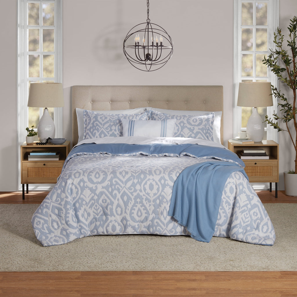 Mainstays Full/Queen Comforter Set, All-Season, 5-Piece, Blue Matelasse Ikat