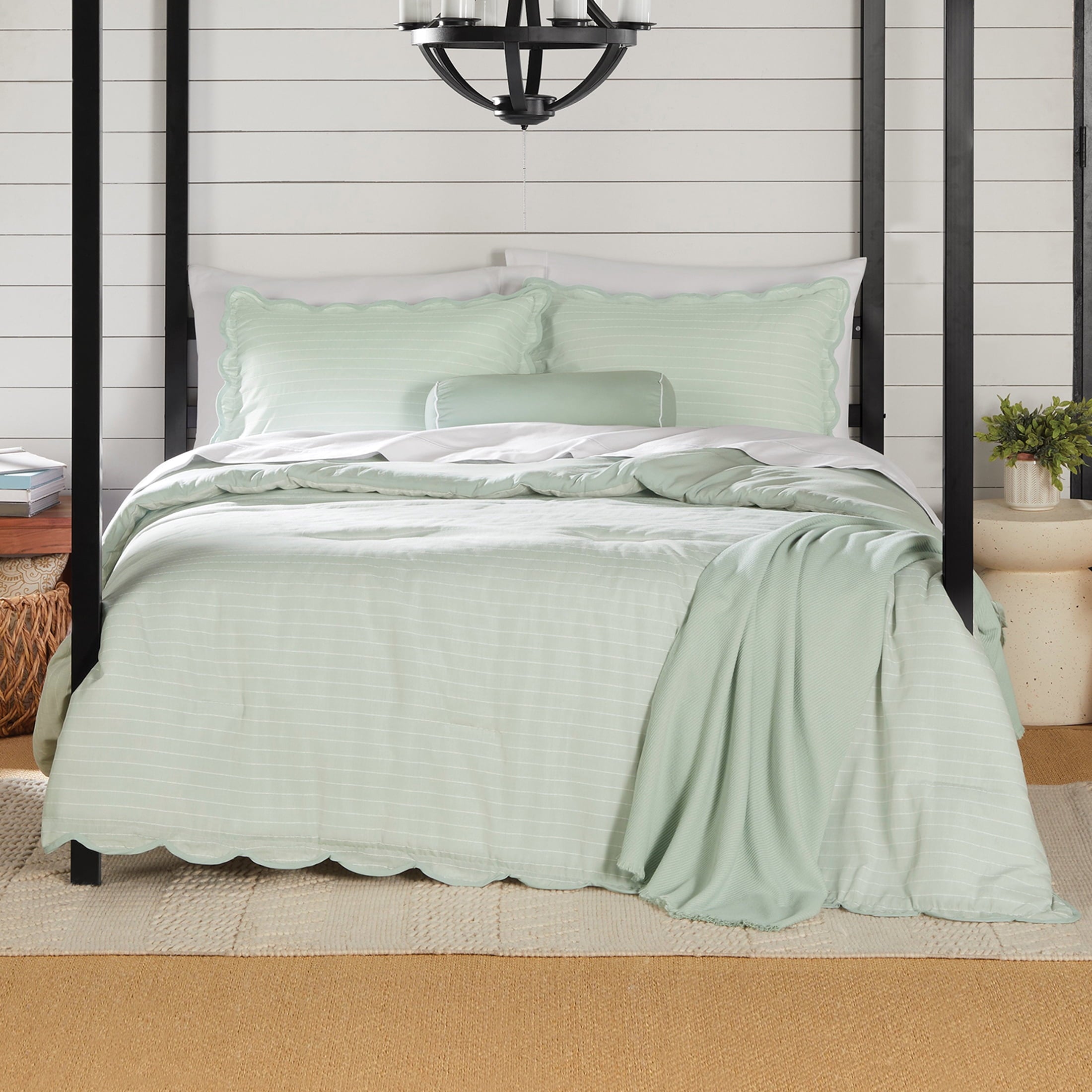 Mainstays Full/Queen Comforter Set, All-Season, 5-Piece, Sage Pick Stitch Scallop