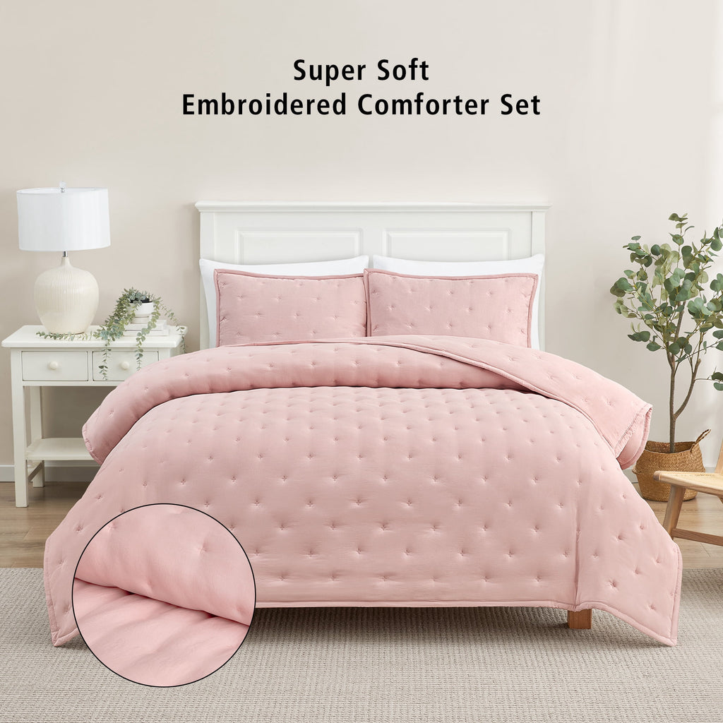 Full/Queen Comforter Set, Super Soft & Embroidered, 3-Piece, Pink