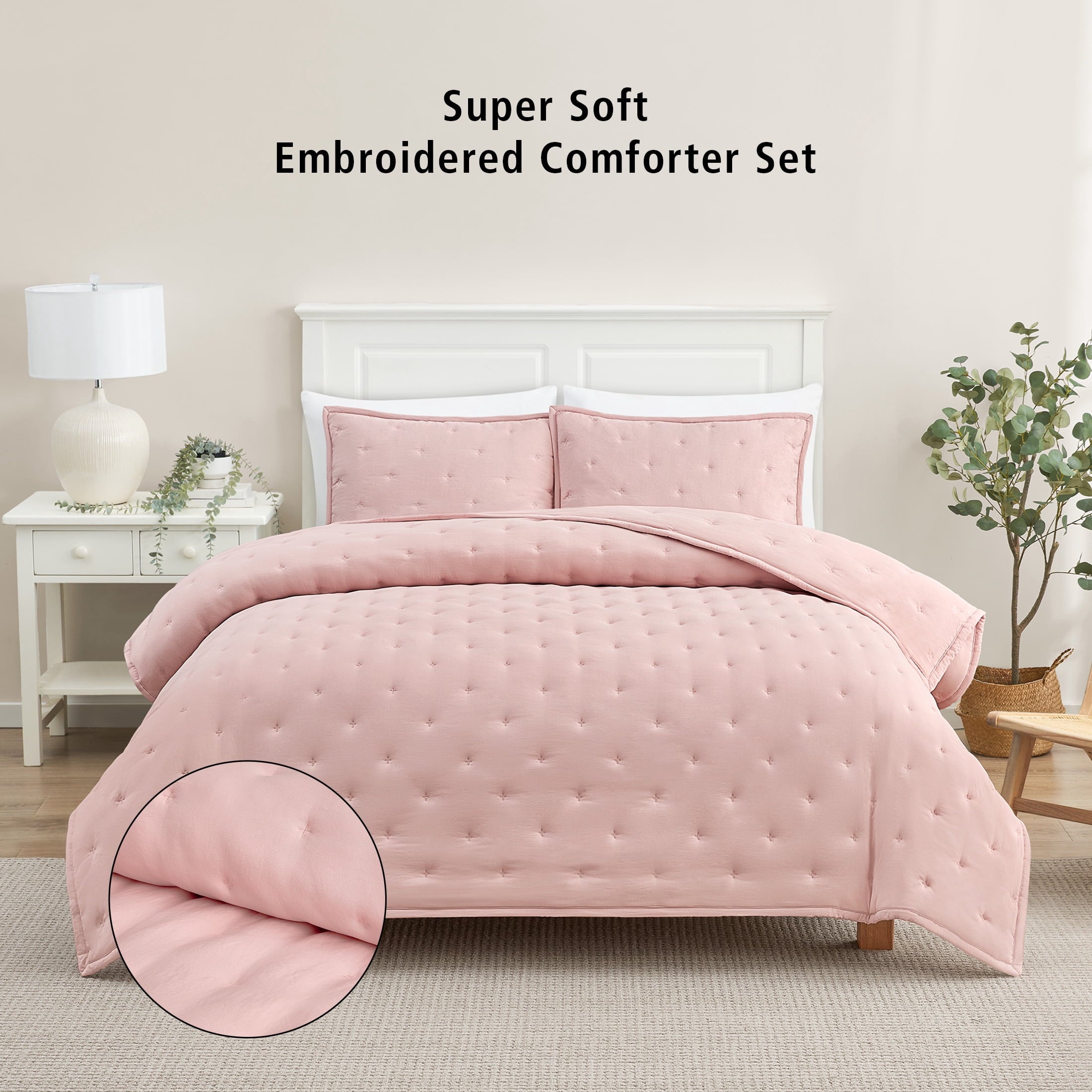 Full/Queen Comforter Set, Super Soft & Embroidered, 3-Piece, Pink
