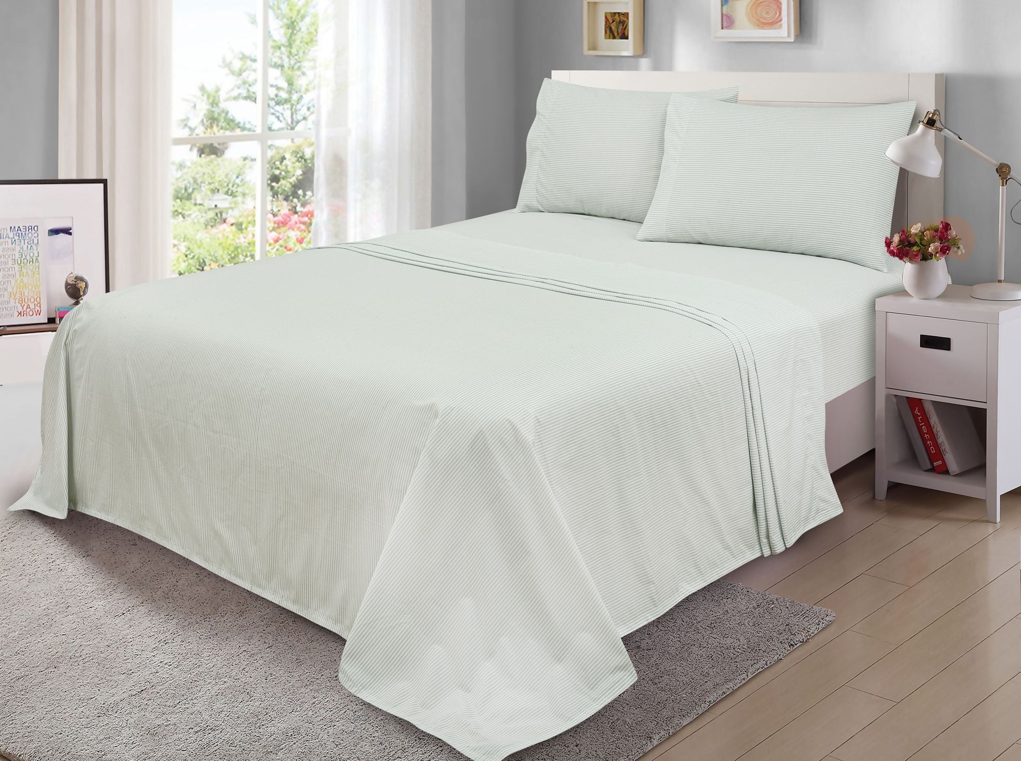 Easy Care 300 Thread Count Cotton Rich Percale Sheet Set, King, Grey Stripes