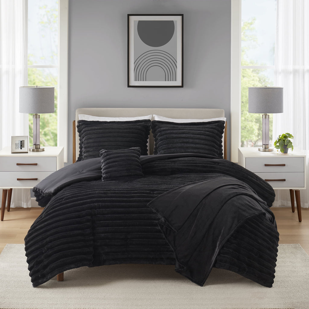 Mainstays Full/Queen Comforter Set, All-Season, 5-Piece, Black Cozy Plush