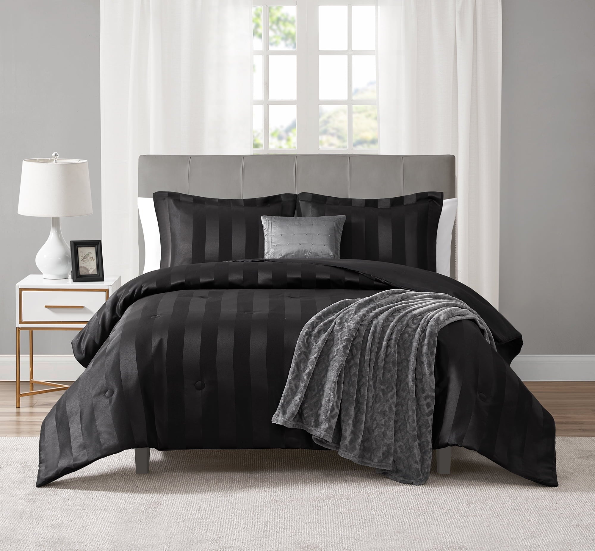Rich Black 5 Piece Damask Stripe Comforter Set, King, Adult, Unisex