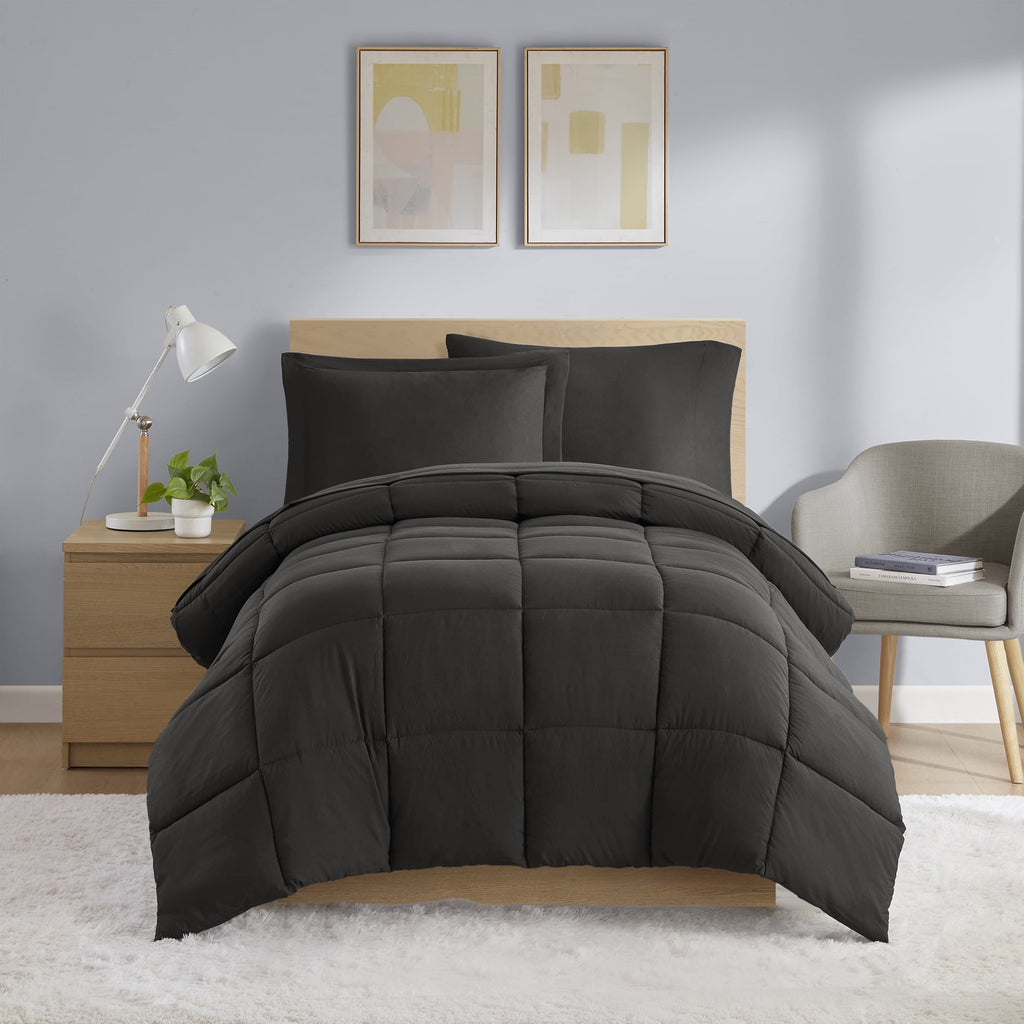 All in One Down Alt Reversible Comforter and Sheet set- 5 Piece, Twin, Black