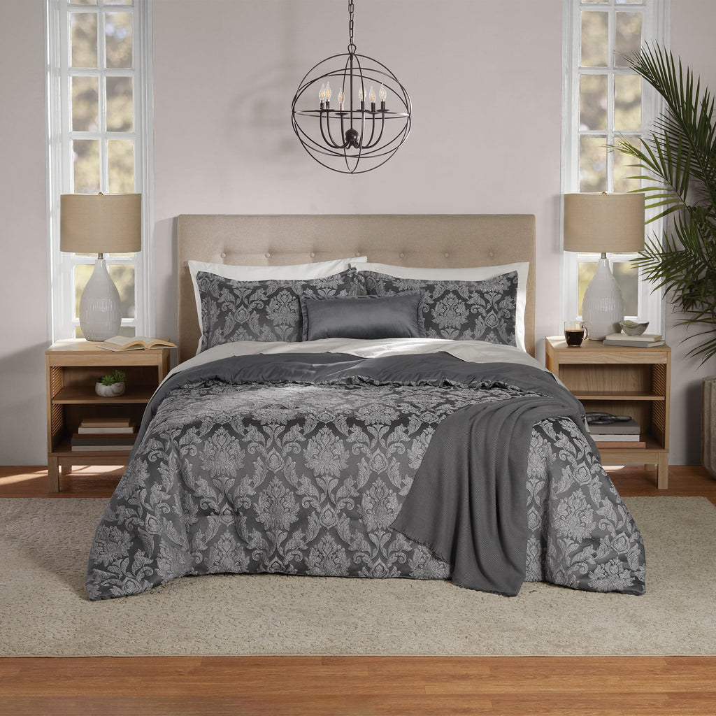 Full/Queen Comforter Set, All-Season, 5-Piece, Grey Jacquard Damask