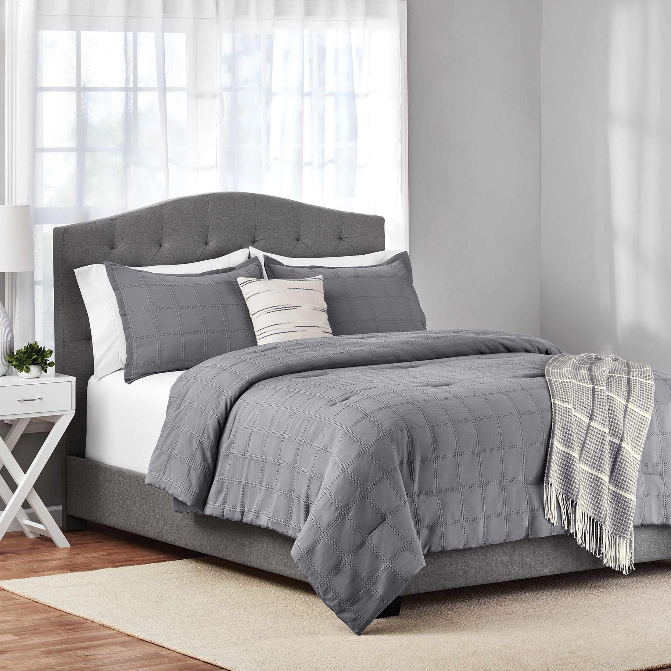 Full/Queen Comforter Set, All-Season, 5-Piece, Grey Waffle Check