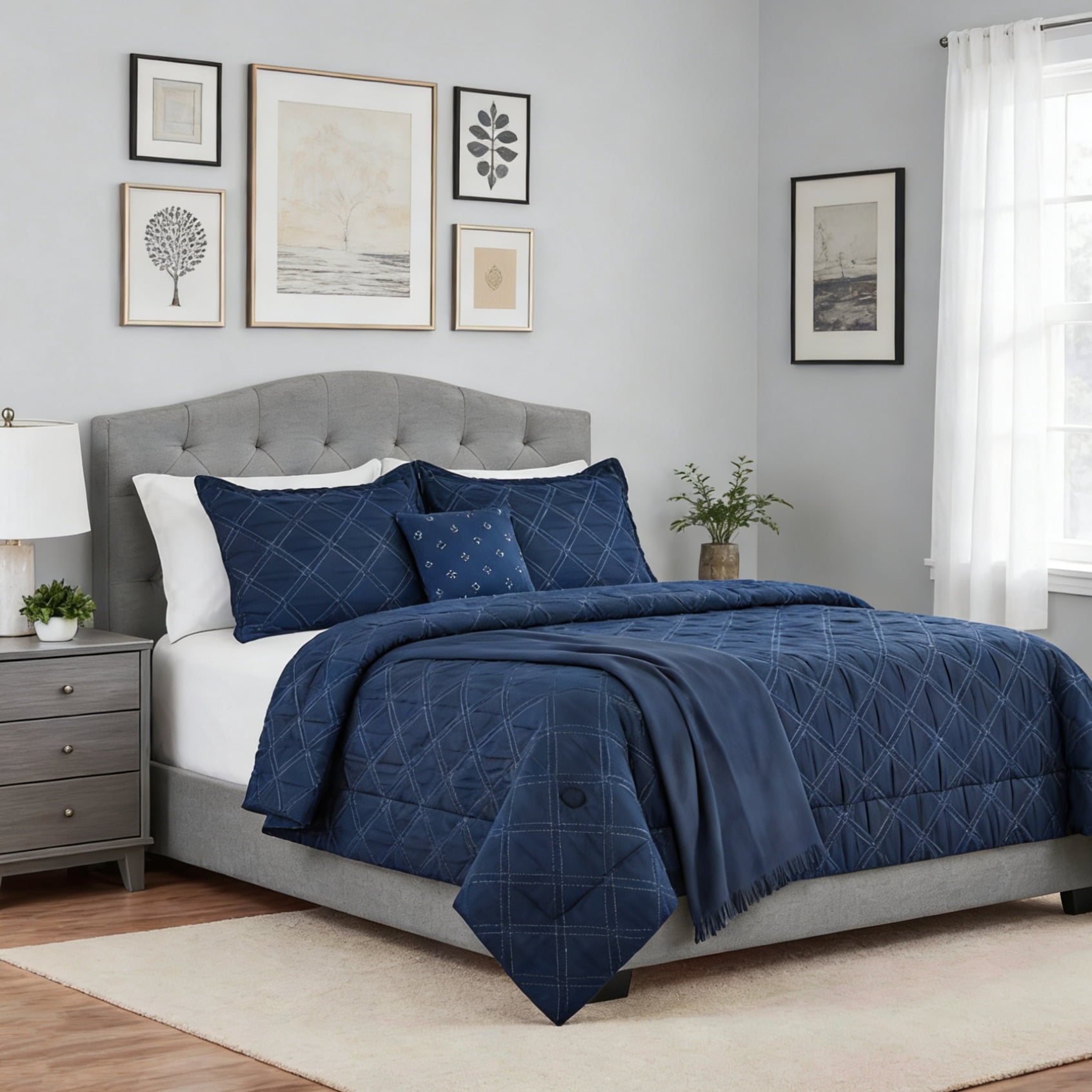Mainstays 5-Piece Reversible Comforter Set Navy Cross Stitch Bedding with Decor Pillow and Throw, Full/Queen