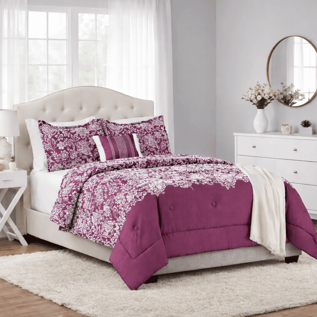 5-Piece Jacquard Comforter Set with Decor Pillow and Throw Purple Flocking Embroidery Bedding Set, Full/Queen