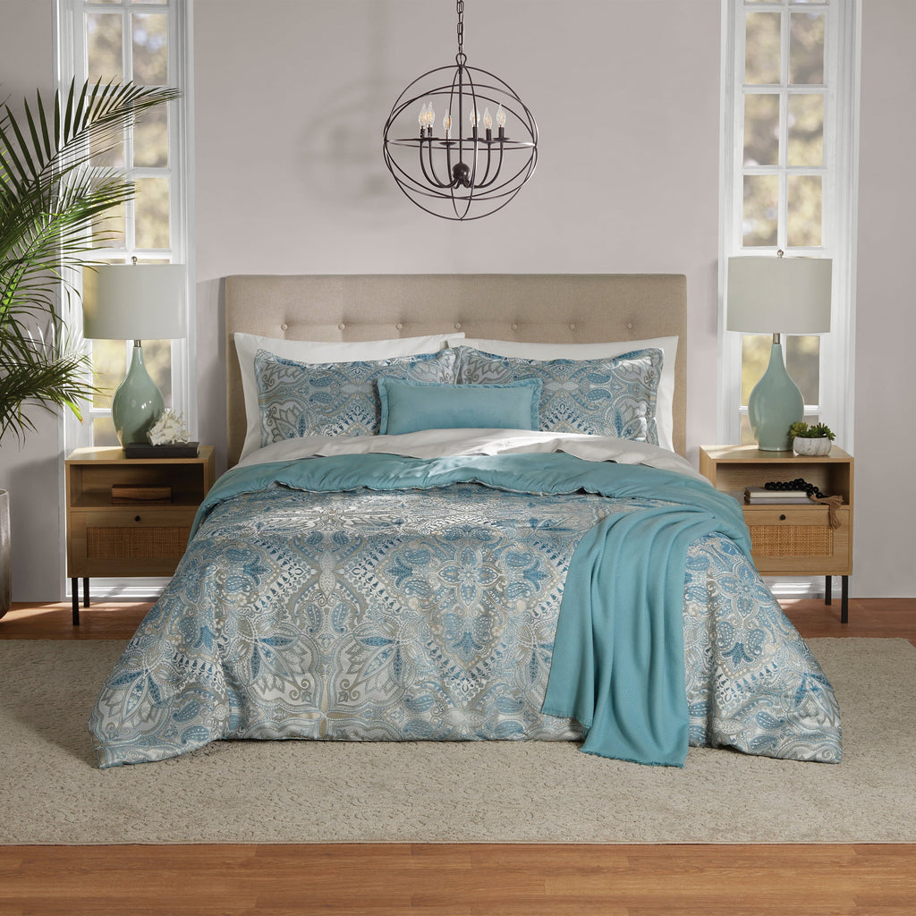 Full/Queen Comforter Set, All-Season, 5-Piece, Teal Jacquard Medallion