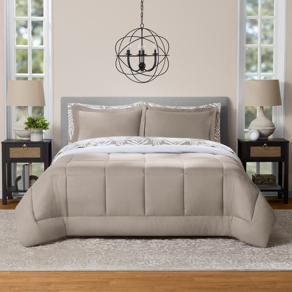 All in One Reversible Comforter and Sheet Set- 7 Piece, Queen, Beige Palm