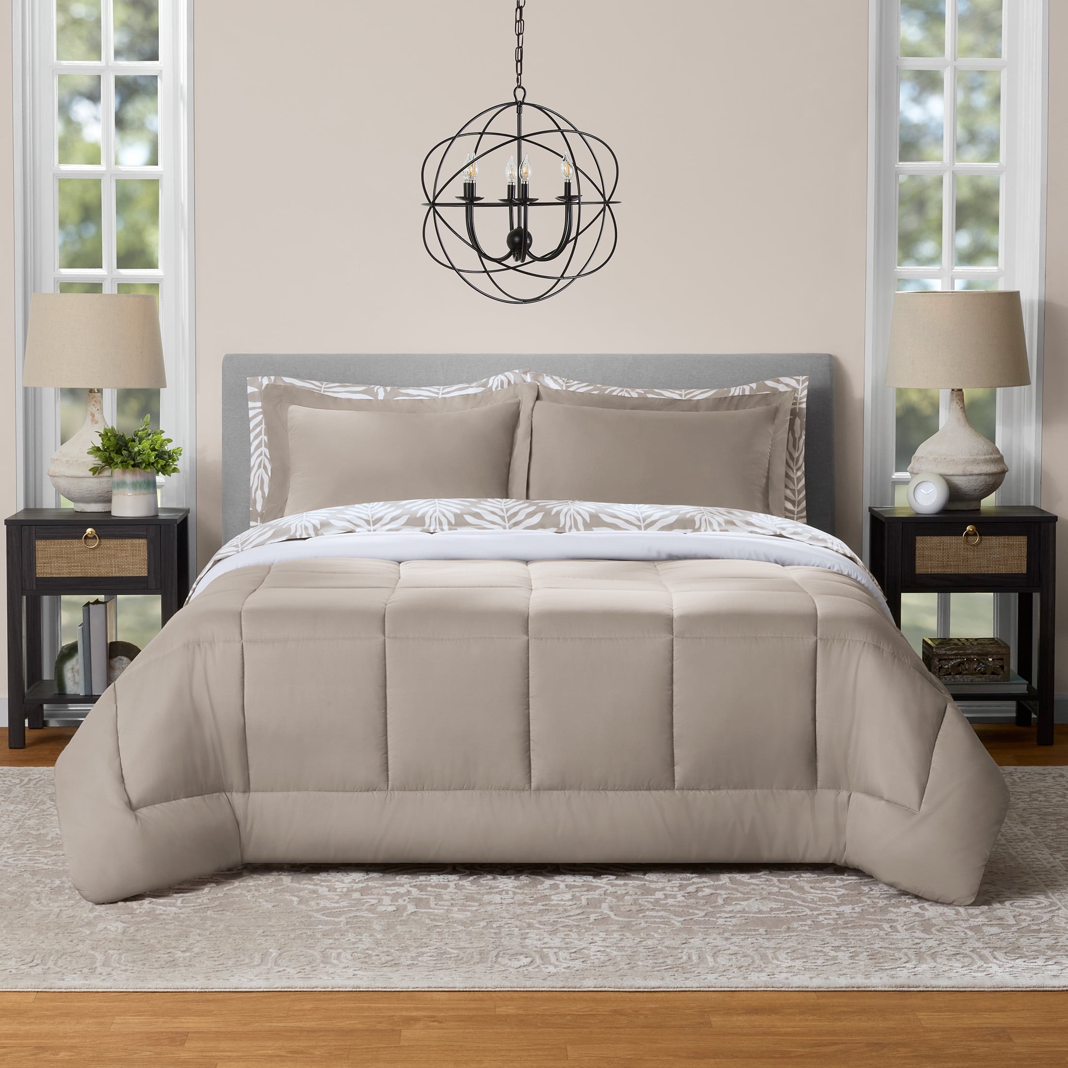 All in One Reversible Comforter and Sheet Set- 7 Piece, Queen, Beige Palm