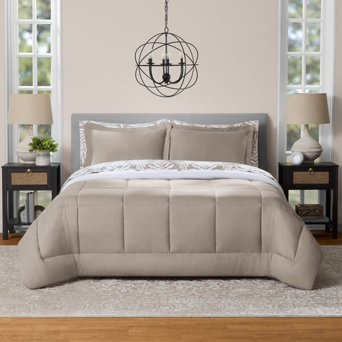 All in One Reversible Comforter and Sheet Set- 7 Piece, Queen, Beige Palm