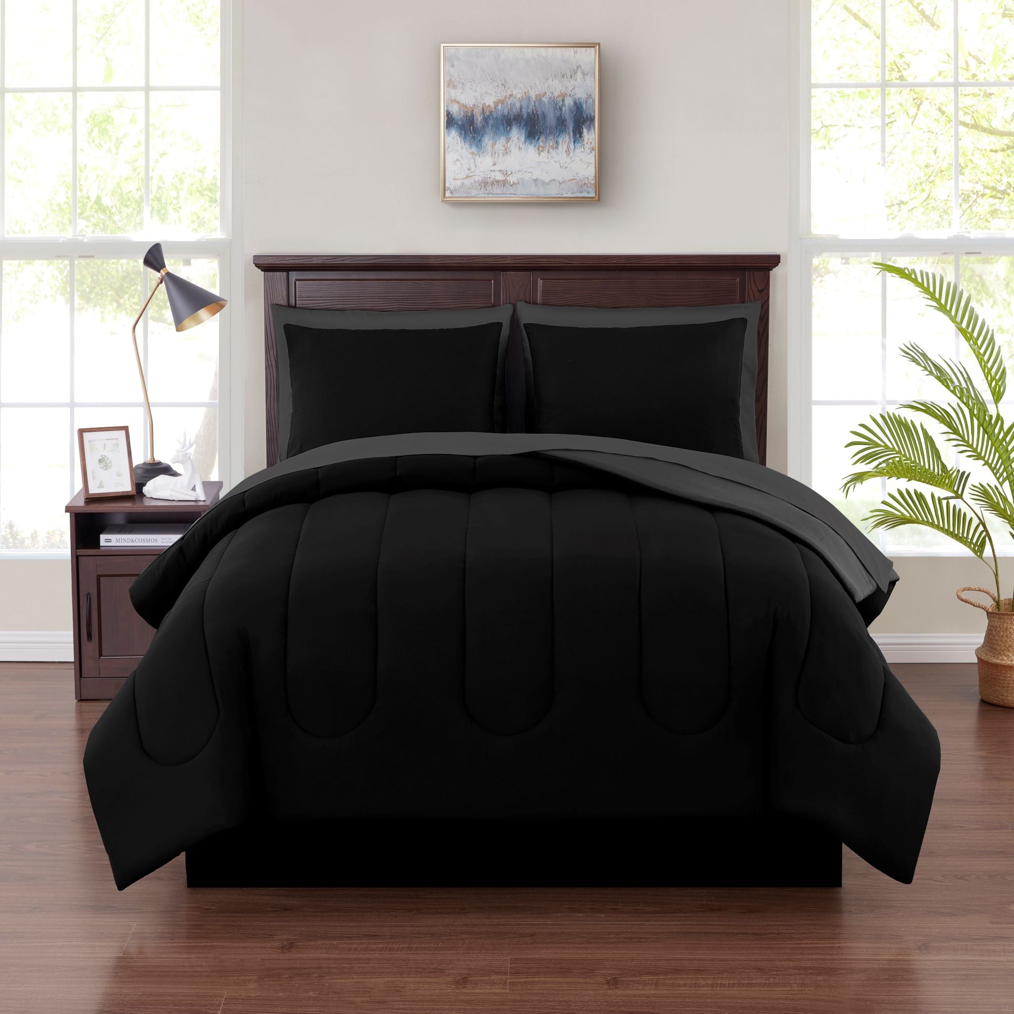 Mainstays 7 Piece Reversible Bed in a Bag Comforter Set with Sheets, Black, King