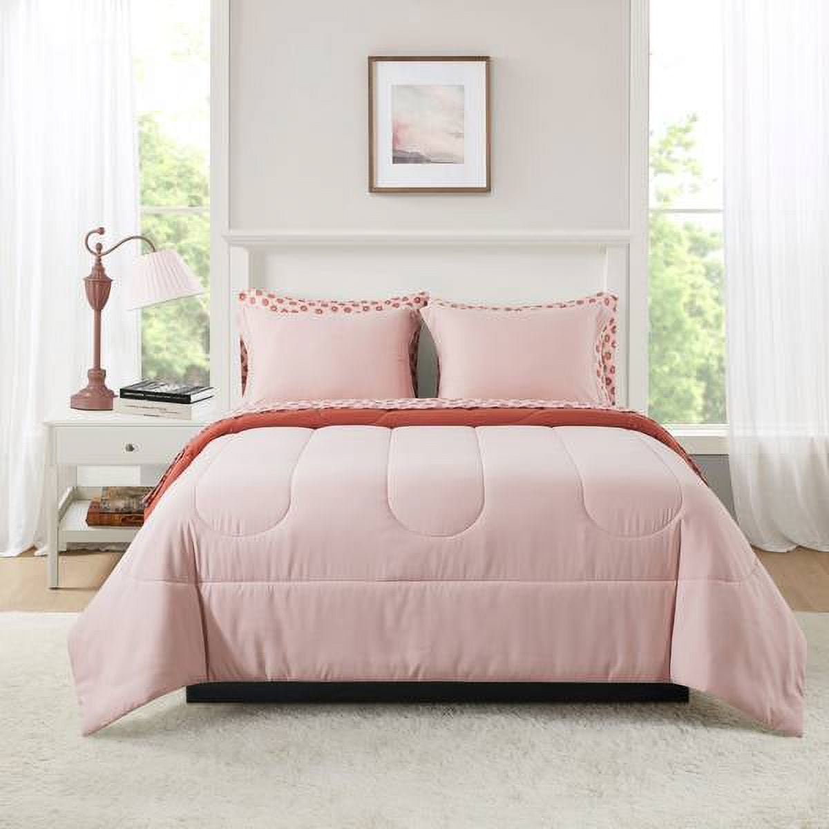 7-Piece Reversible Bed in a Bag Comforter Set with Sheets, Pink, Queen