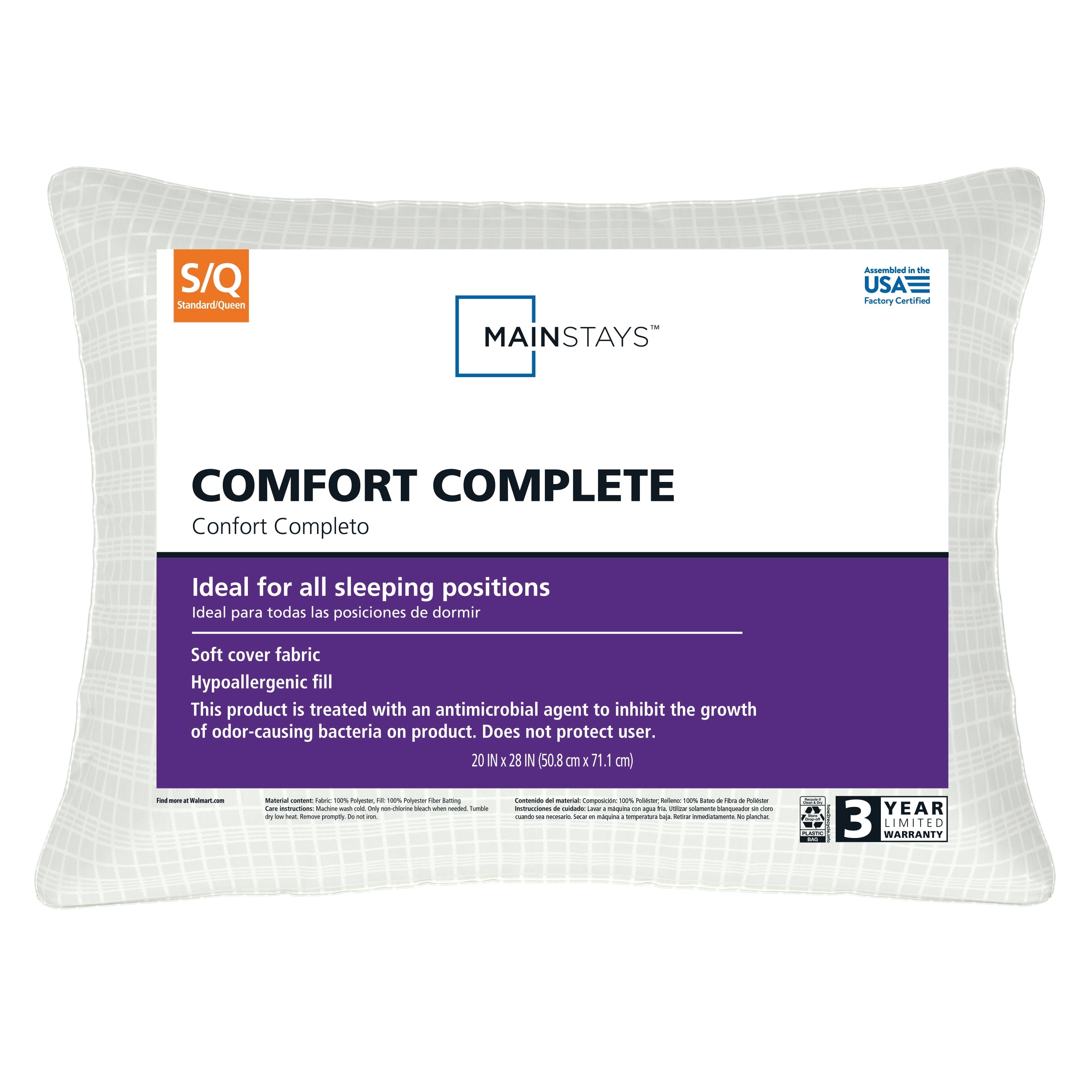 Comfort Complete Bed Pillow, Standard/Queen, White- All Positions Antimicrobial